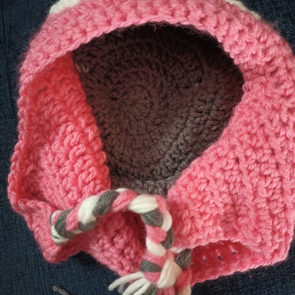 Handmade Owl Winter Hat Crochet Knit Pink Gray White Toboggan Adult Ladies Size - Picture 5 of 5
